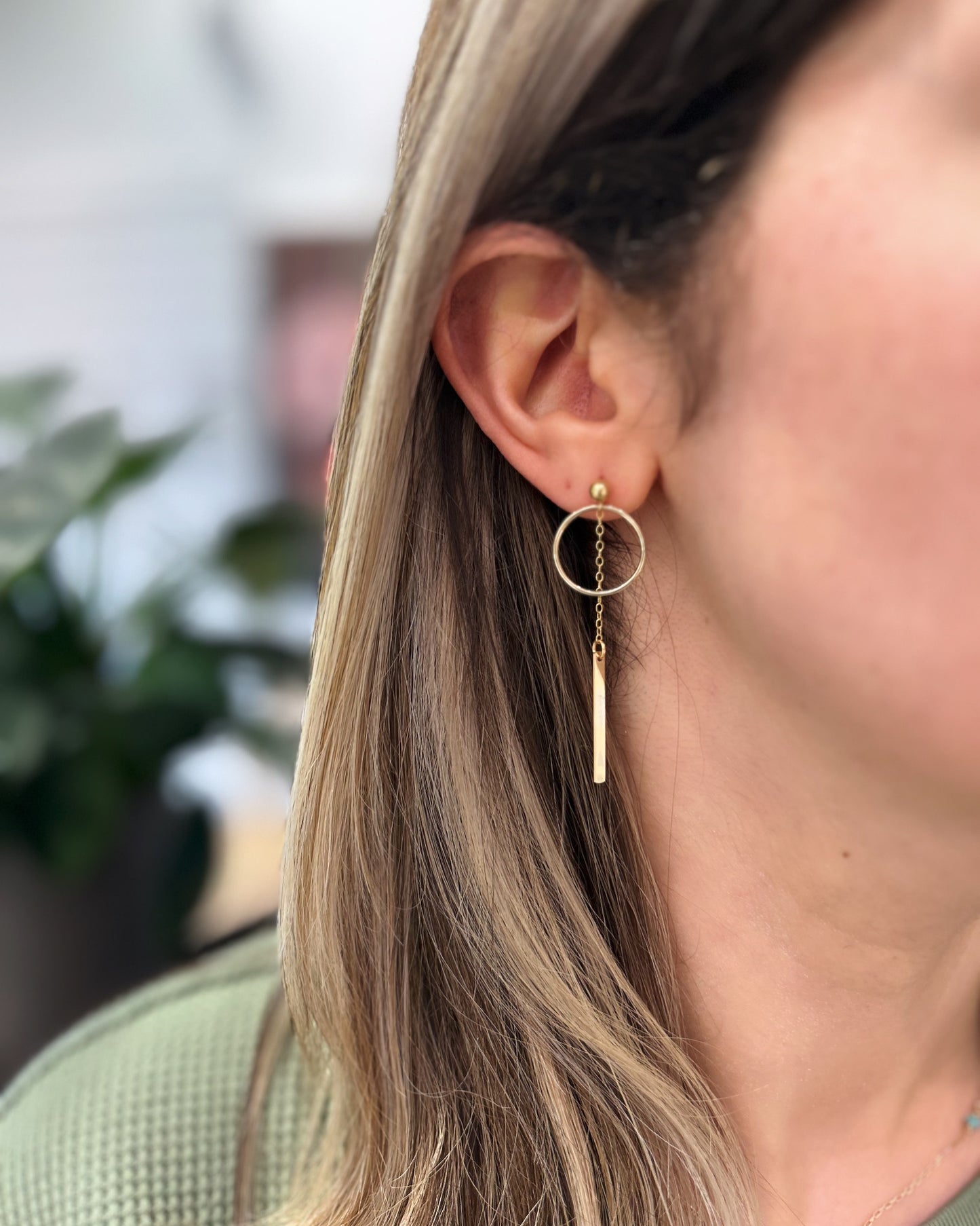 Gold Drop Bar Earrings With Hoops
