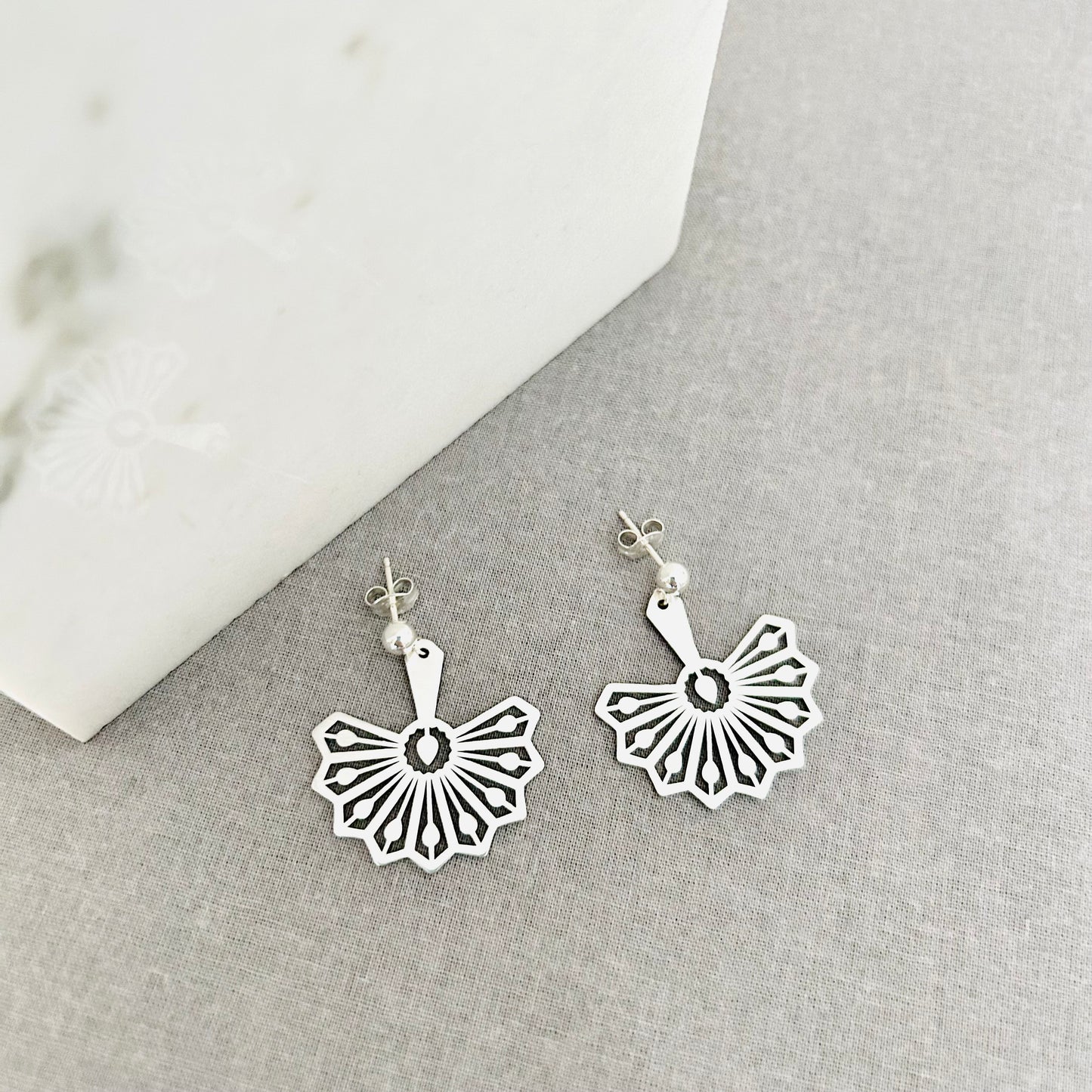 Silver drop fan earrings for women Image 2