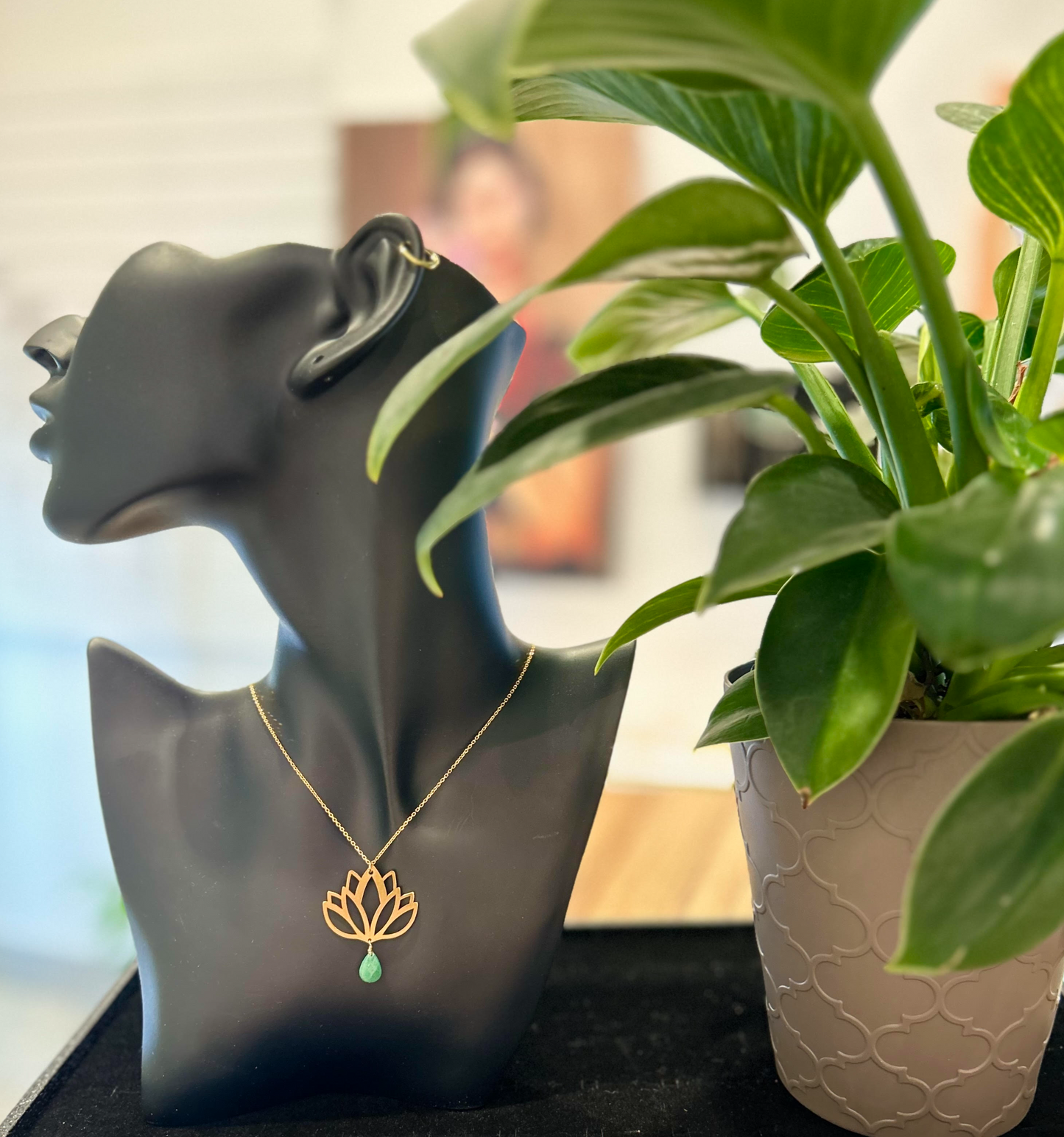 Gold Lotus With Drop Jade Gemstone
