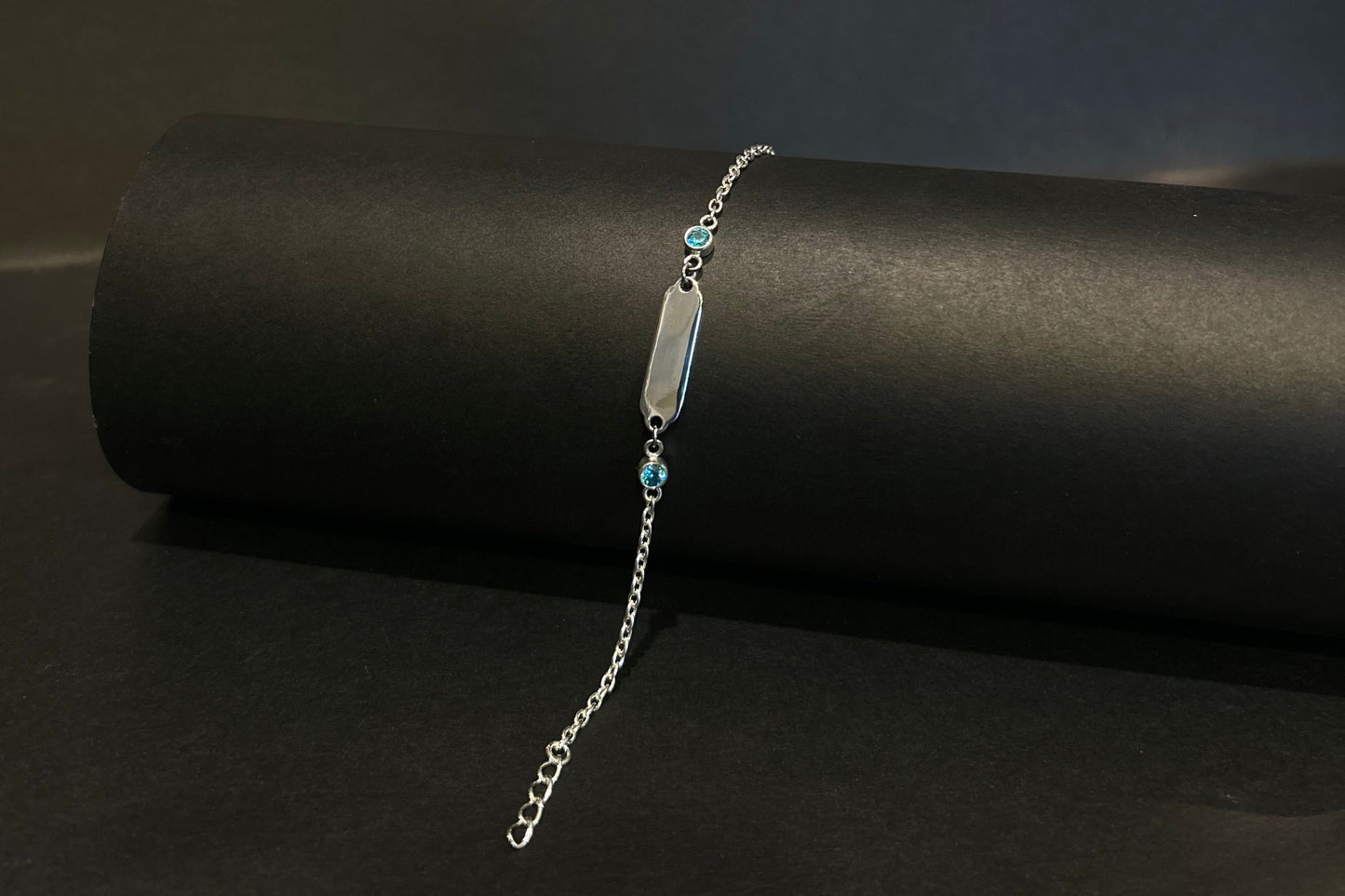 Silver Kids Bracelet With Blue Stones, Engravable ID Bracelet for kids Image 1