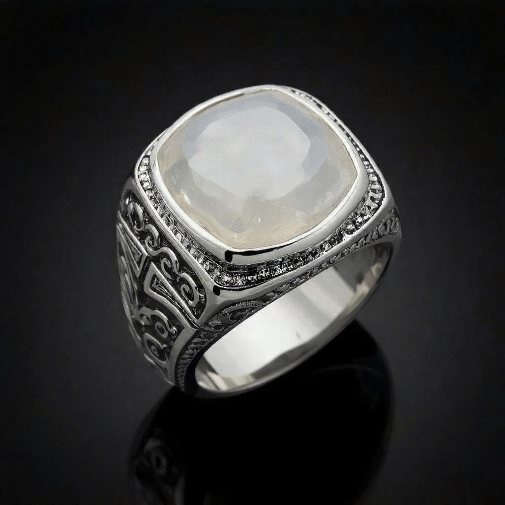 Silver ring with a large moonstone on a black background