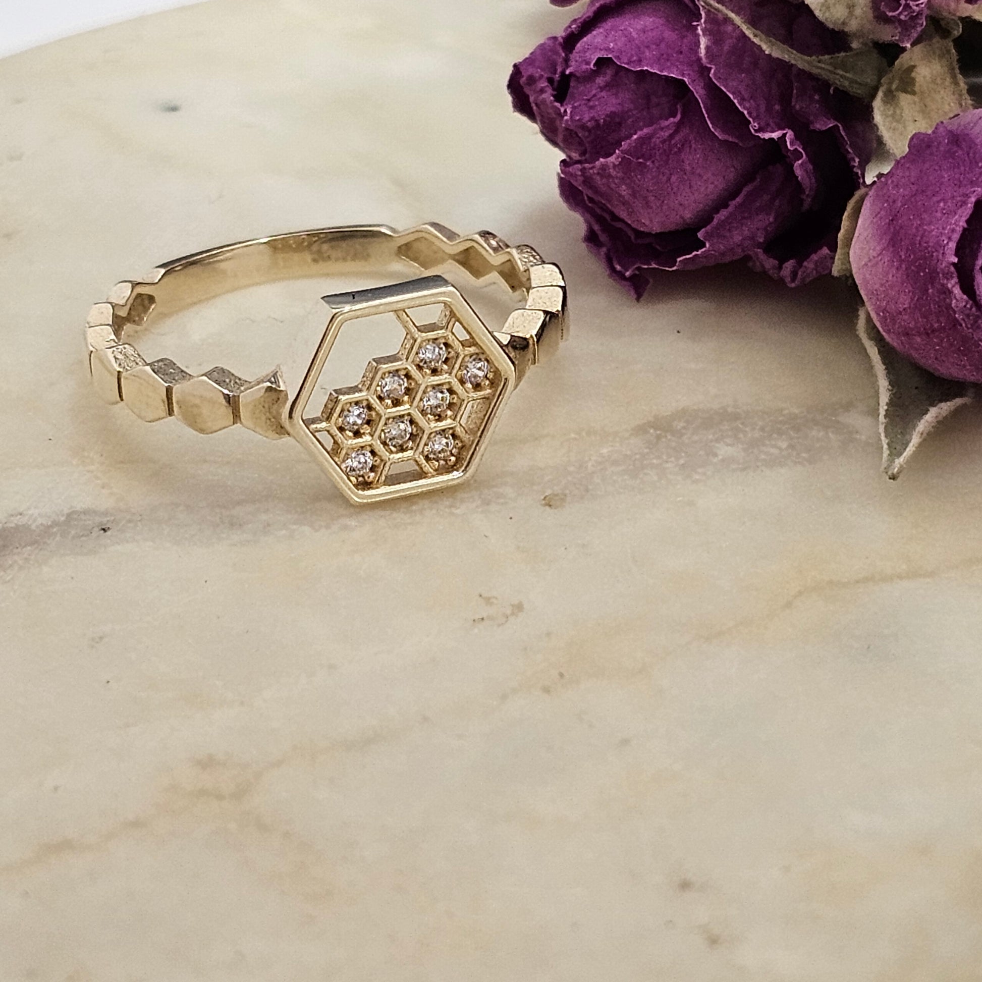10k yellow honeycomb Ring, Cubic Hexagon Ring image2