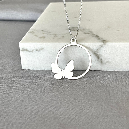 Butterfly on open circle necklace in sterling silver - KIA Jewelry Necklaces Toronto