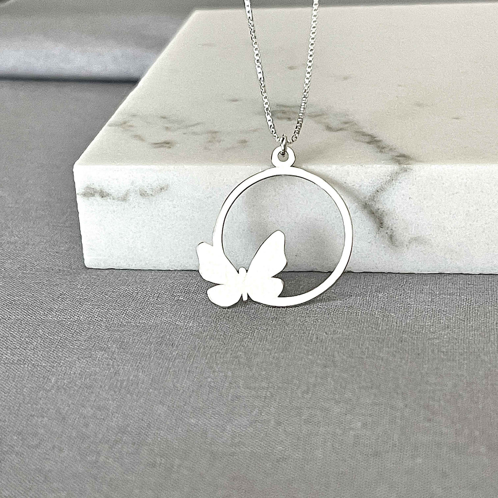 925 Sterling Silver Butterfly Necklace - Elegant Hoop Design Pendant - Symbol of Transformation & Hope | KIA Jewelry