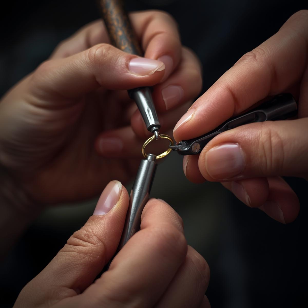 Close-up of hands working on a small metal object with tools against a dark background