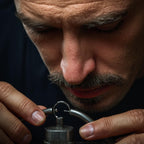 Close-up of a person using a lock picker on a padlock.