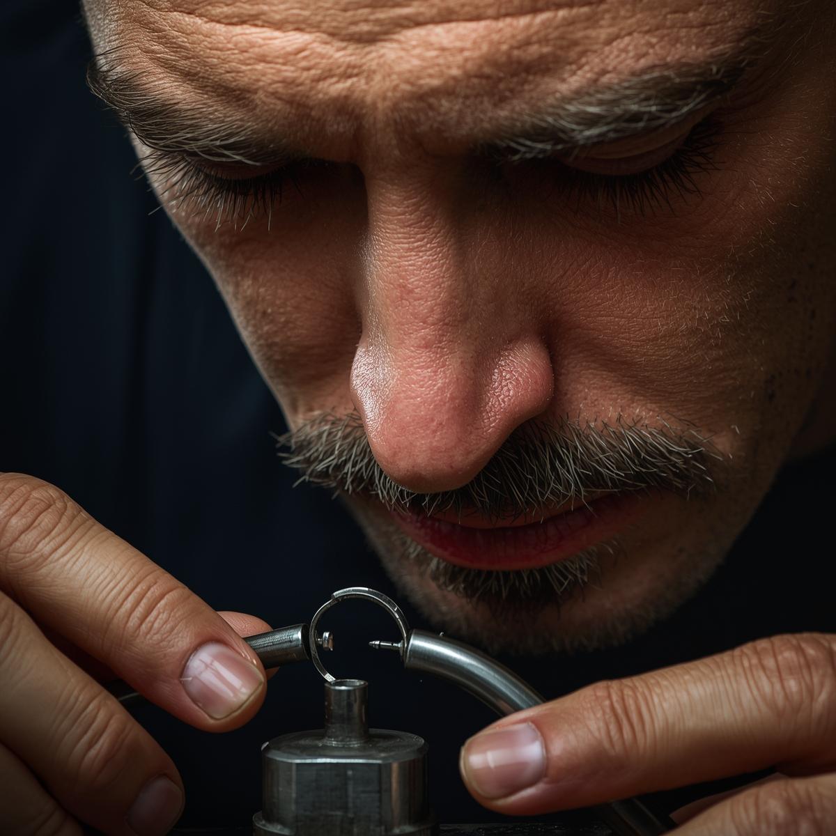Close-up of a person using a lock picker on a padlock.