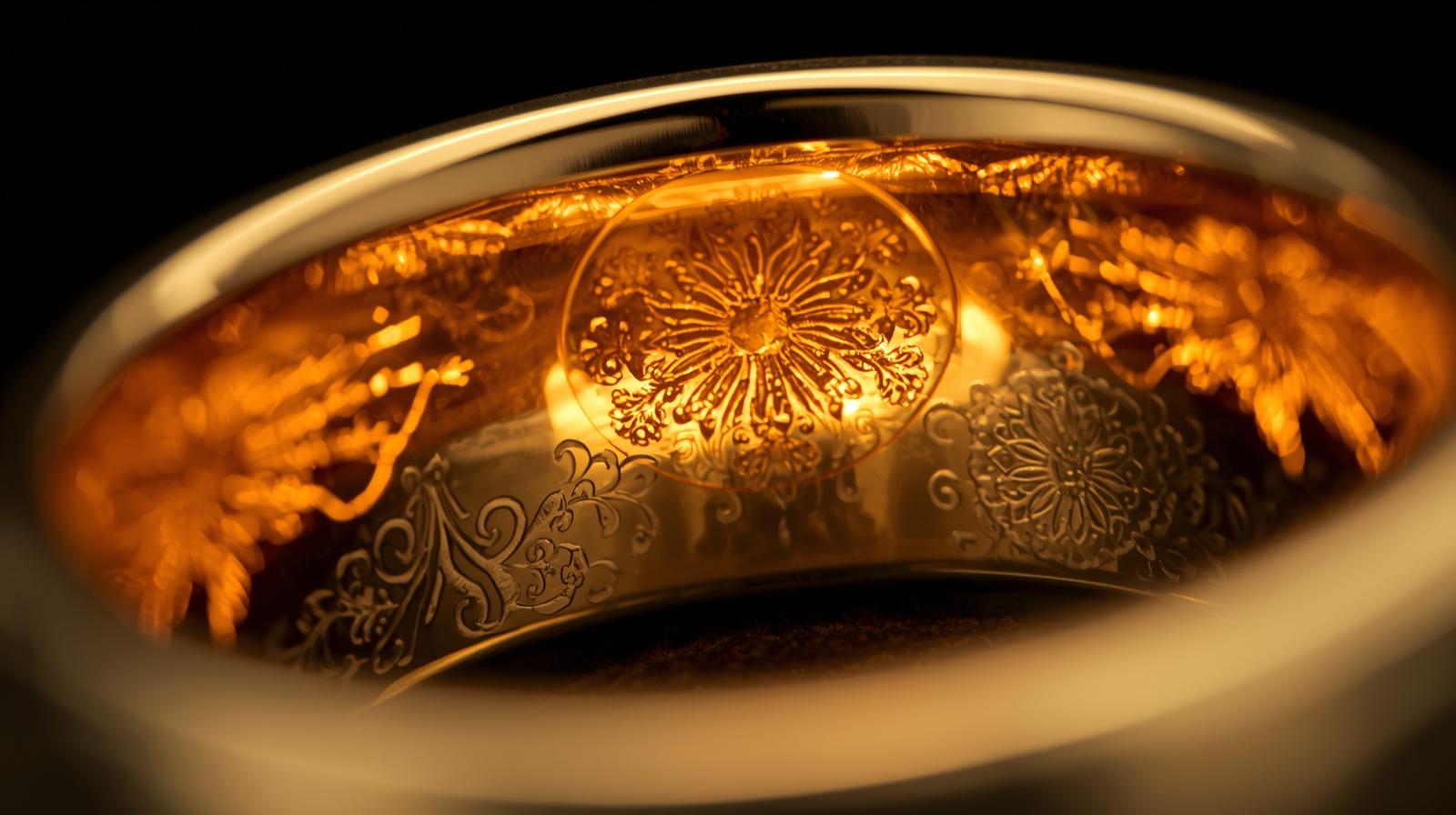 Close-up of a gold ring with intricate designs inside rings