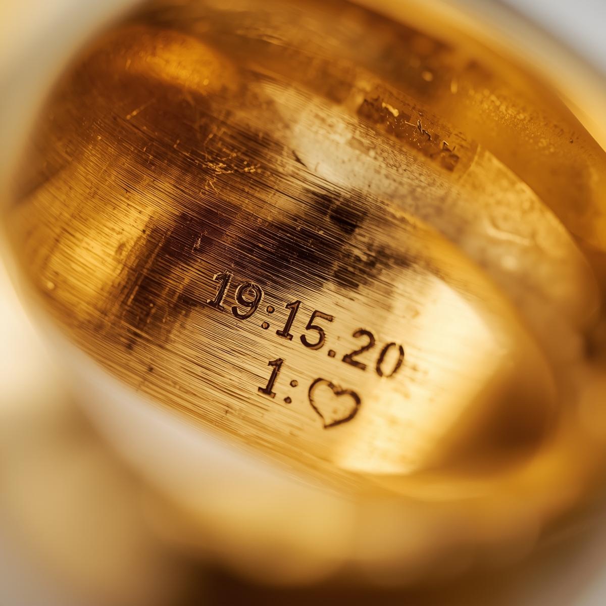 Close-up of a gold ring with engraved numbers and heart symbol inside rings