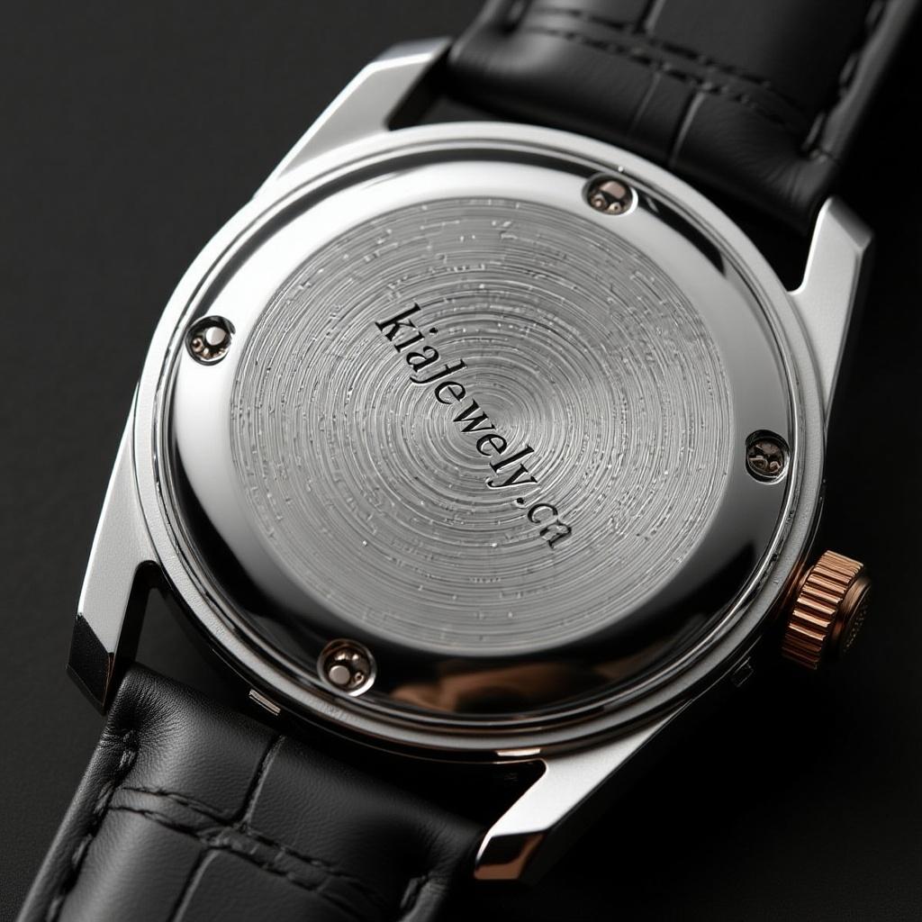 Back view of a watch with 'kiajewelry.ca' engraving on a dark background