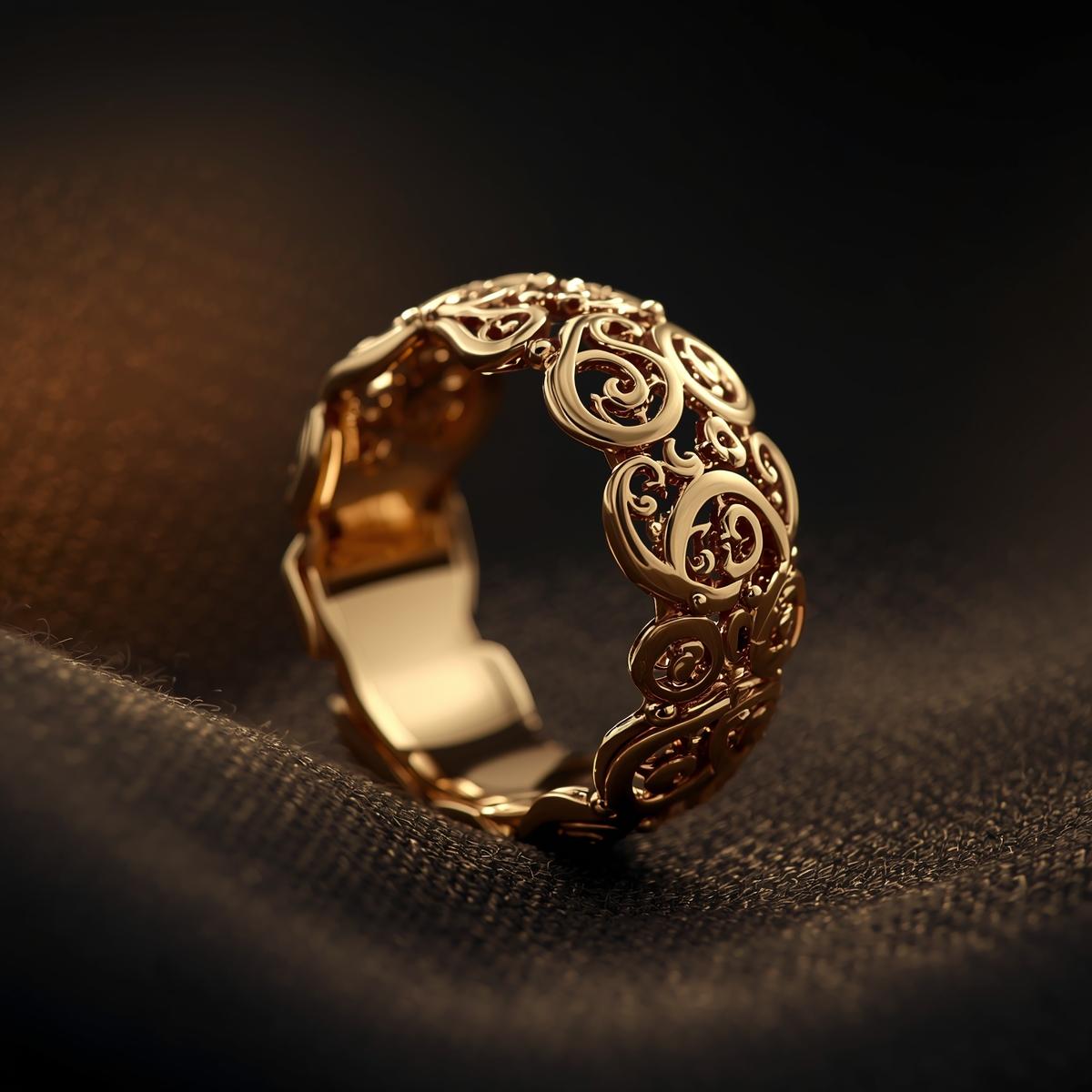 Gold ring with intricate designs on a dark fabric background