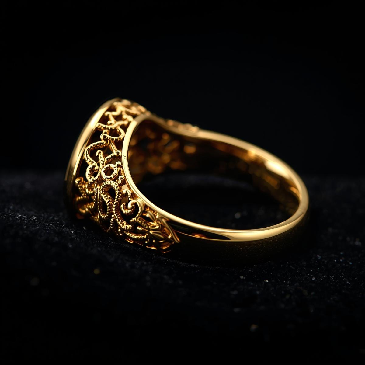 Gold ring with intricate design on a black background