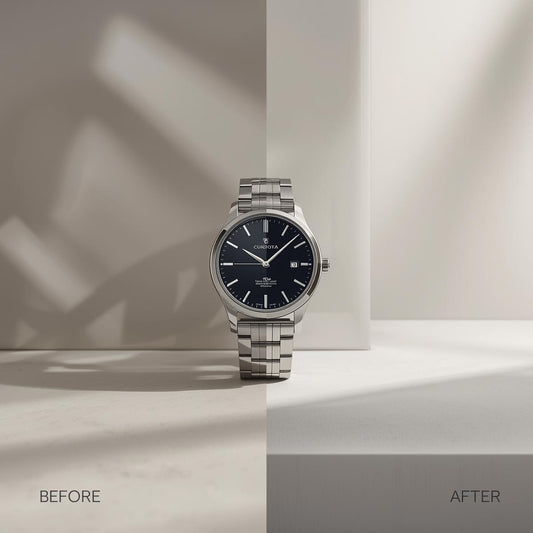 Before and after comparison of a silver watch on a neutral background