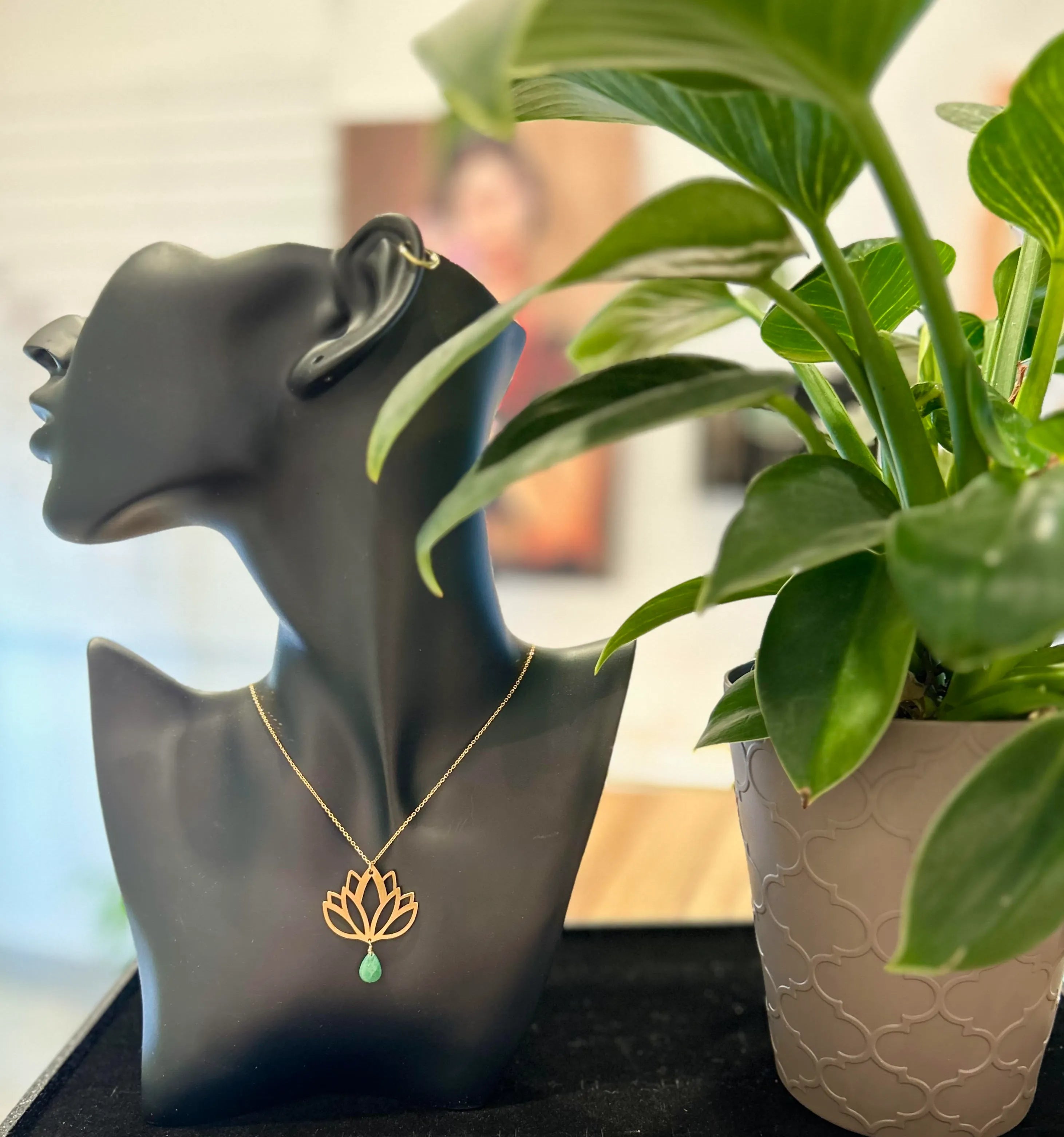 Gold Lotus With Drop Jade Gemstone - KIA Jewelry Necklaces Toronto
