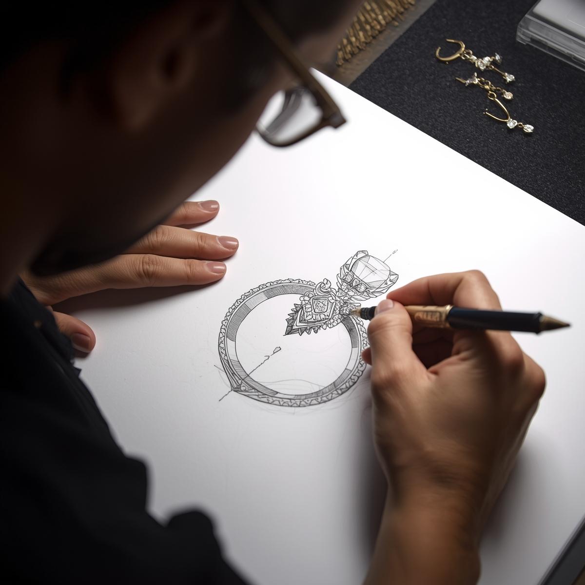 Person drawing an intricate design of a ring on paper with jewelry items in the background.
