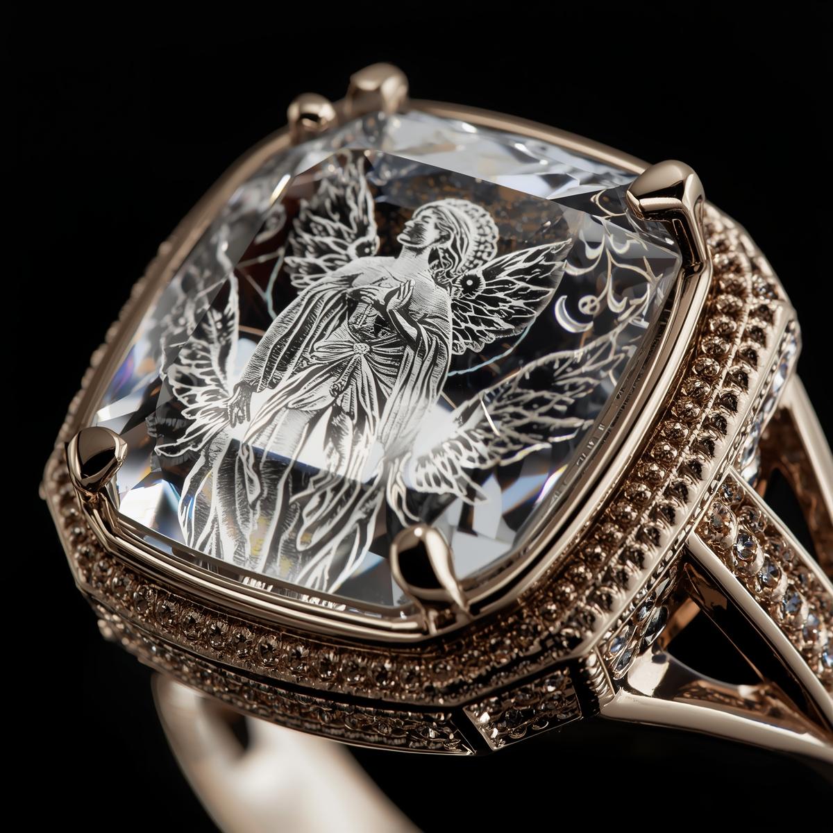 Luxury ring with intricate fairy design on a dark background