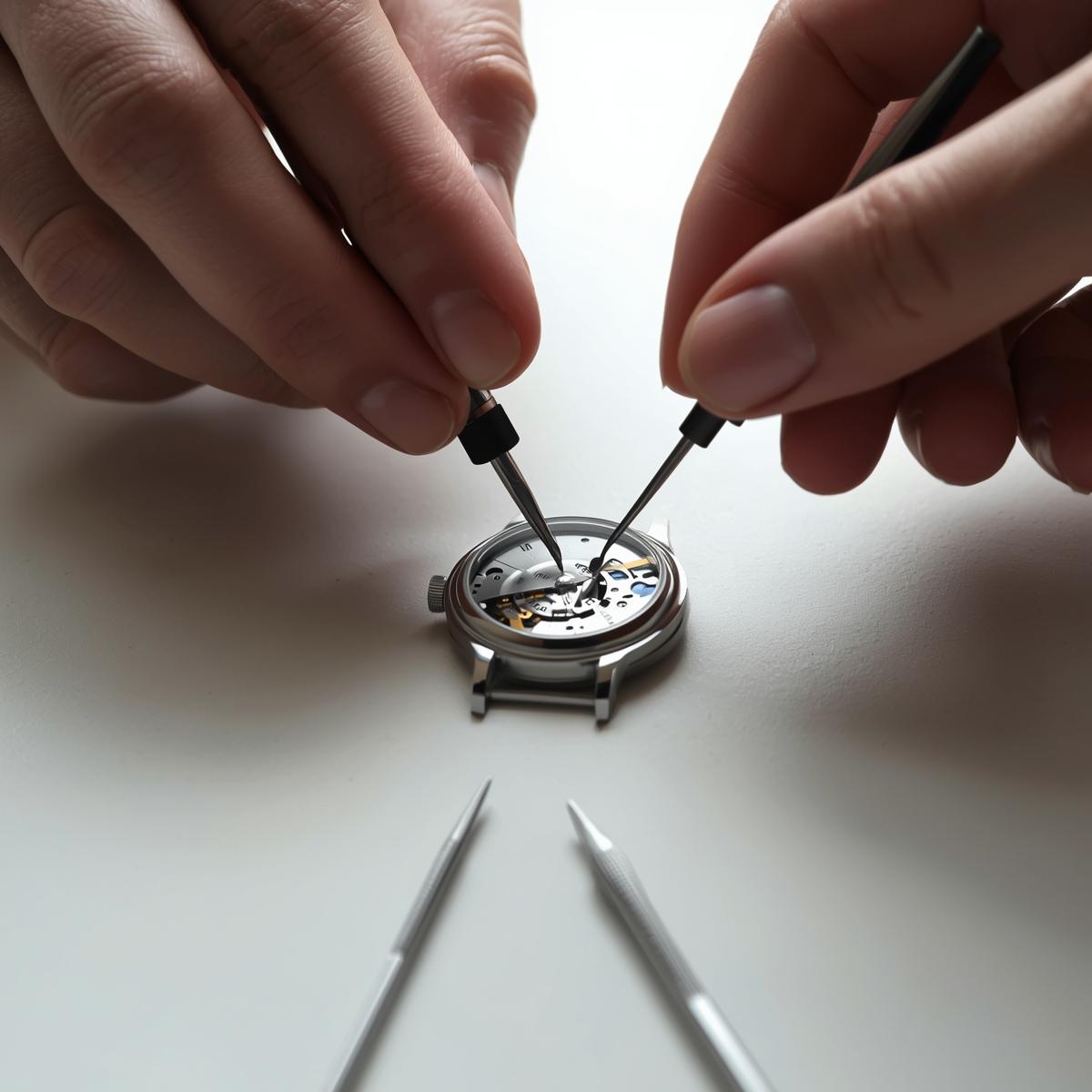 Person repairing a watch with tools on a white background
