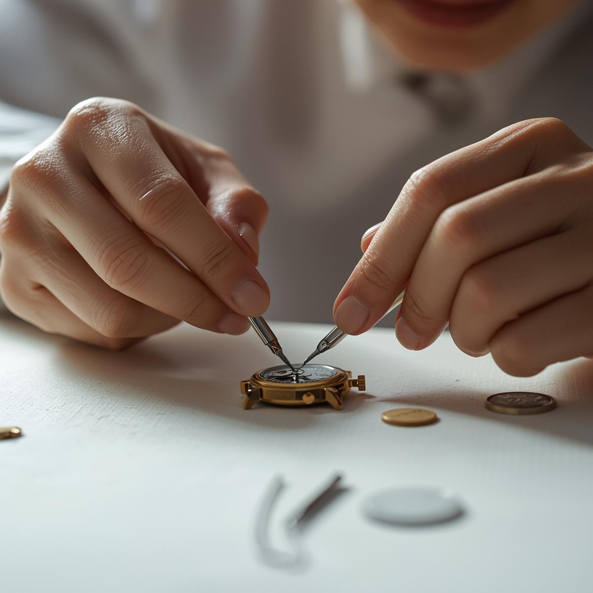 Person repairing a small gold watch with tools on a light surface.