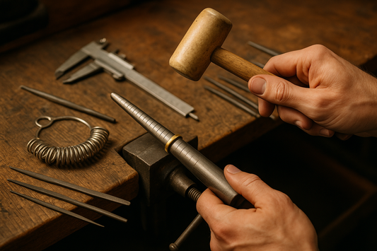 A jeweler resizing a ring on a mandrel uses a tapered steel tool