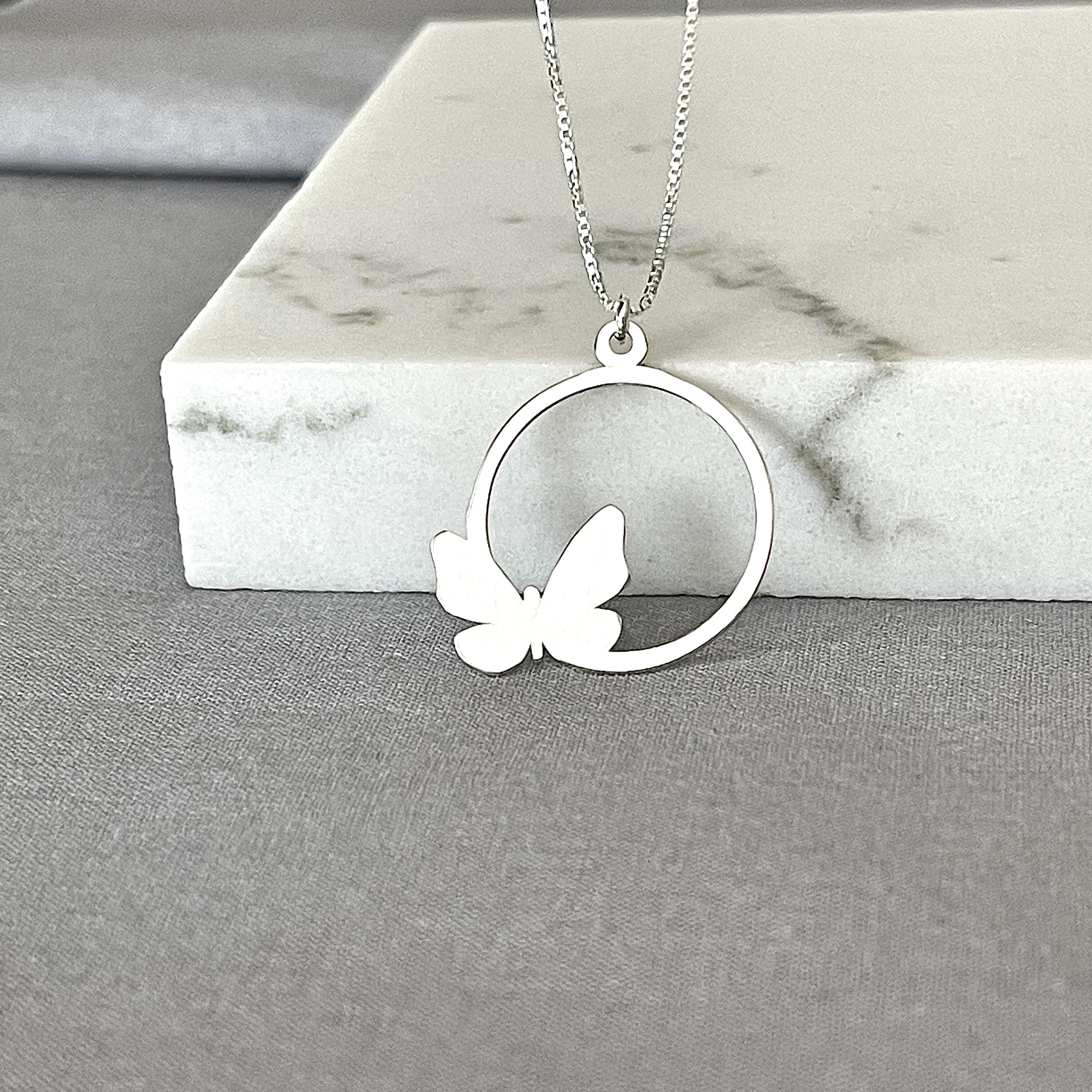 Butterfly on open circle necklace in sterling silver Image 1