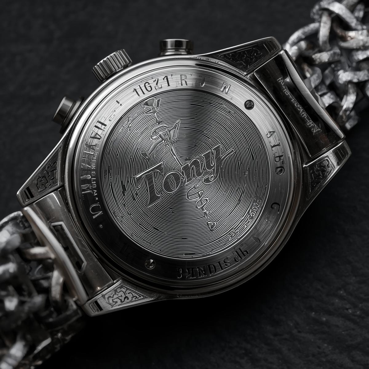 Close-up of a silver watch with intricate design on engraving Out side