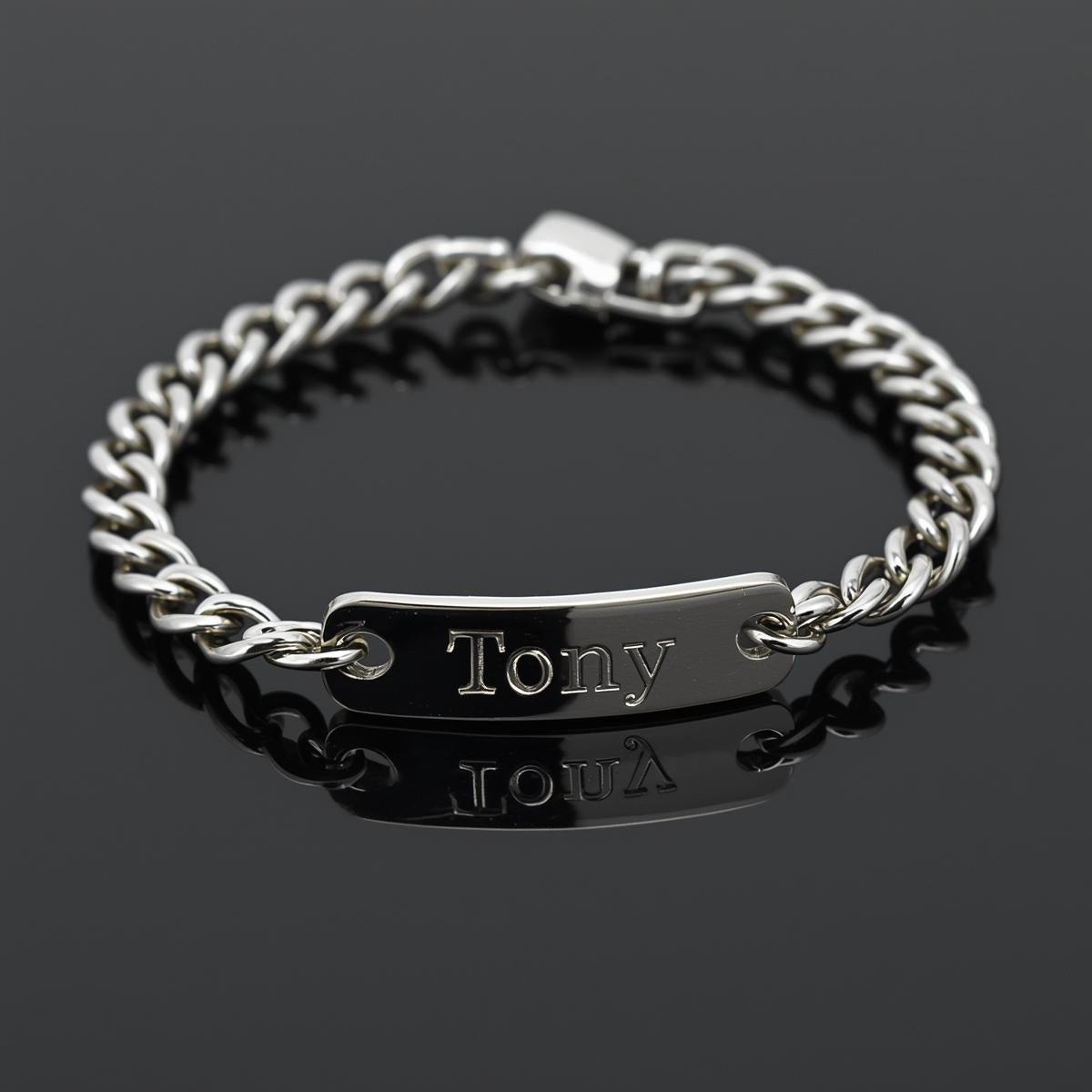 Silver chain bracelet with engraved name tag engraving Out side