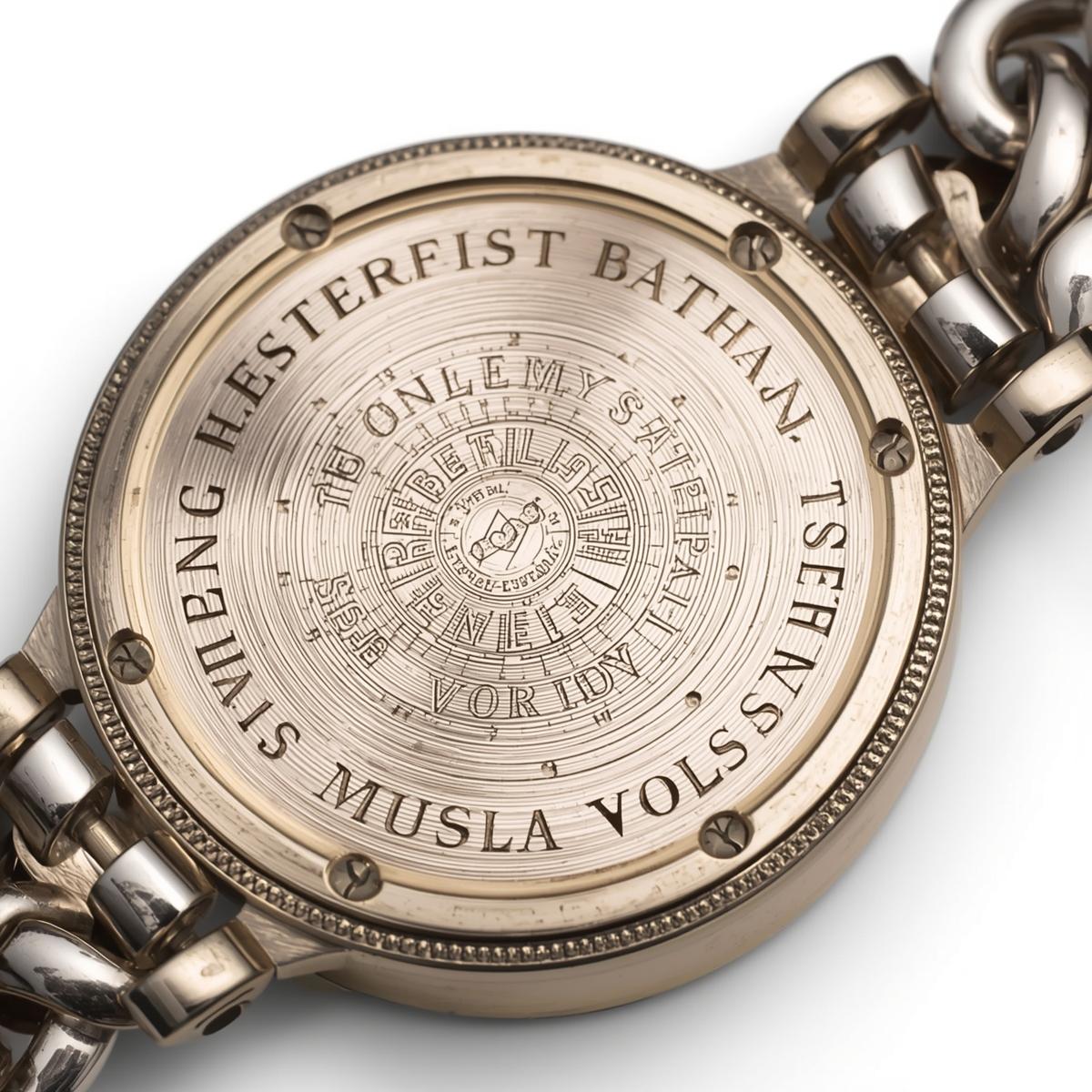 Close-up of a detailed watch face with engraved text engraving Out side