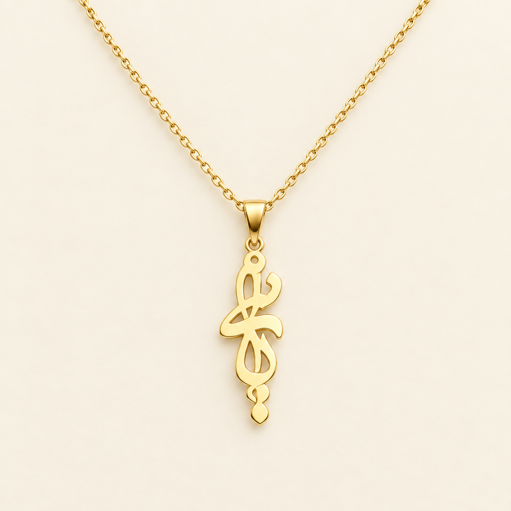 Gold Persian name necklace laid flat on a warm ivory background, matching the other product photos