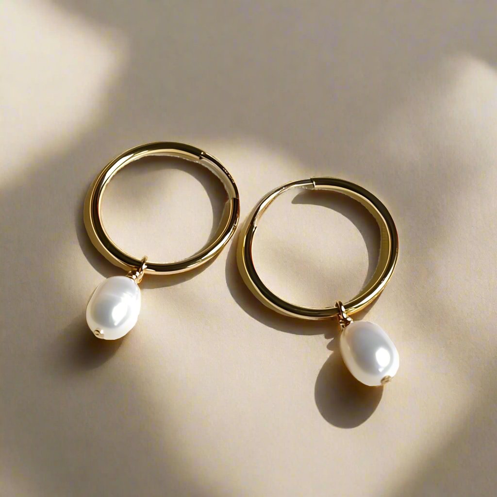 14k Gold  Filled Dainty Hoop Earrings With Freshwater Pearls