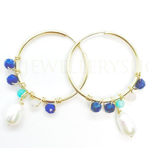 14k Gold Filled Hoop Earrings With Freshwater Pearl And Small Faceted Stones - KIA Jewelry Earrings Toronto