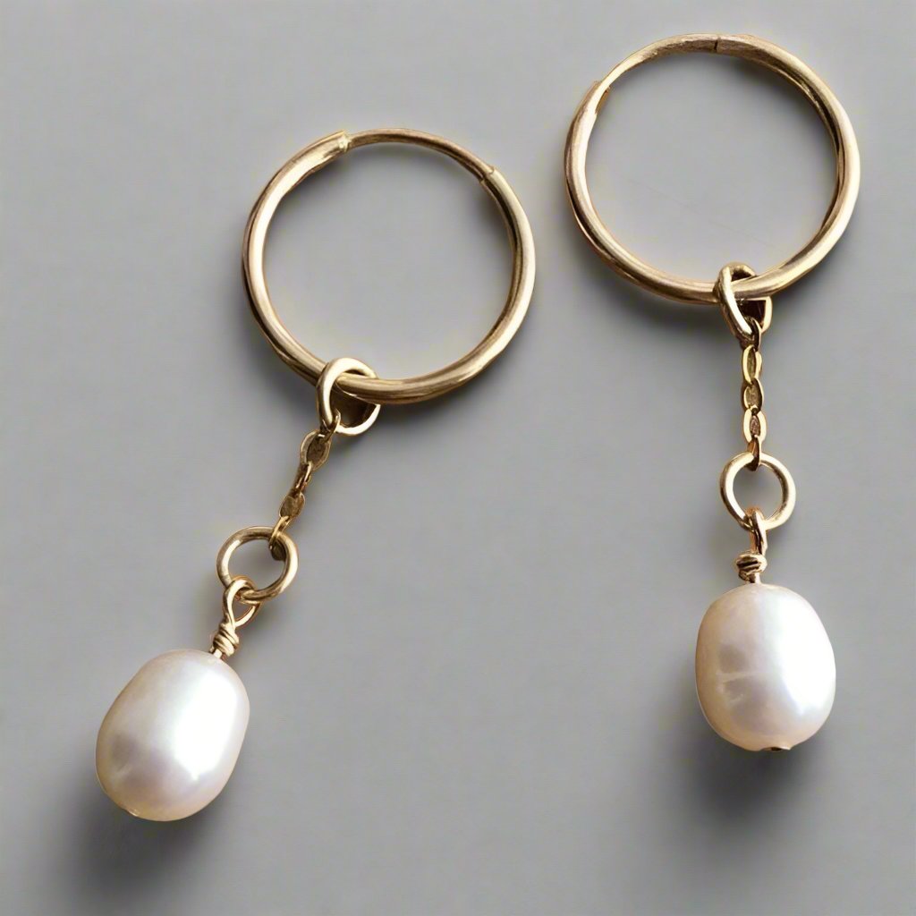 gold hoops with drop white pearls