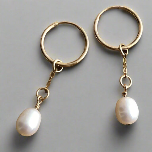 gold hoops with drop white pearls