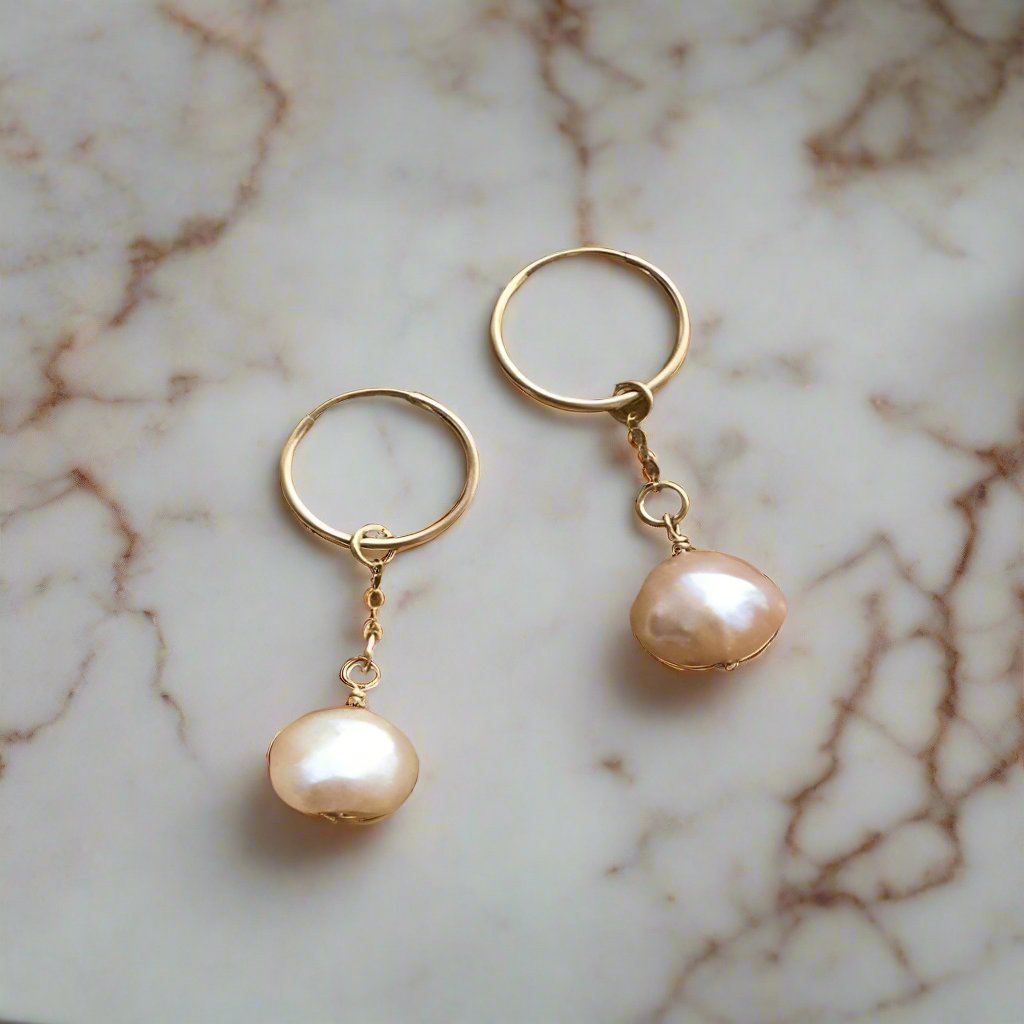 14k gold filled hoops with drop pearls