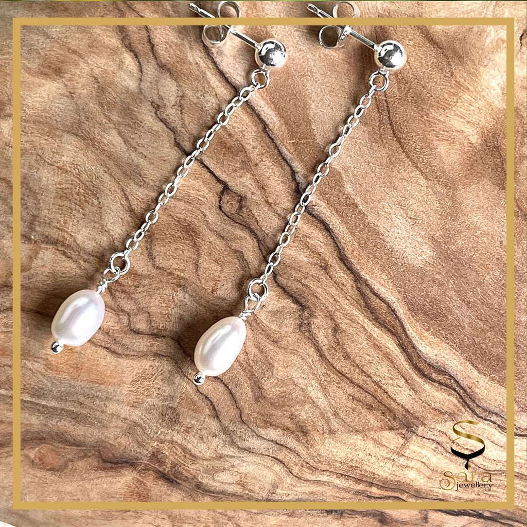 925 Sterling Silver Freshwater Pearl| Drop Earrings Dangling Long Chain Earrings