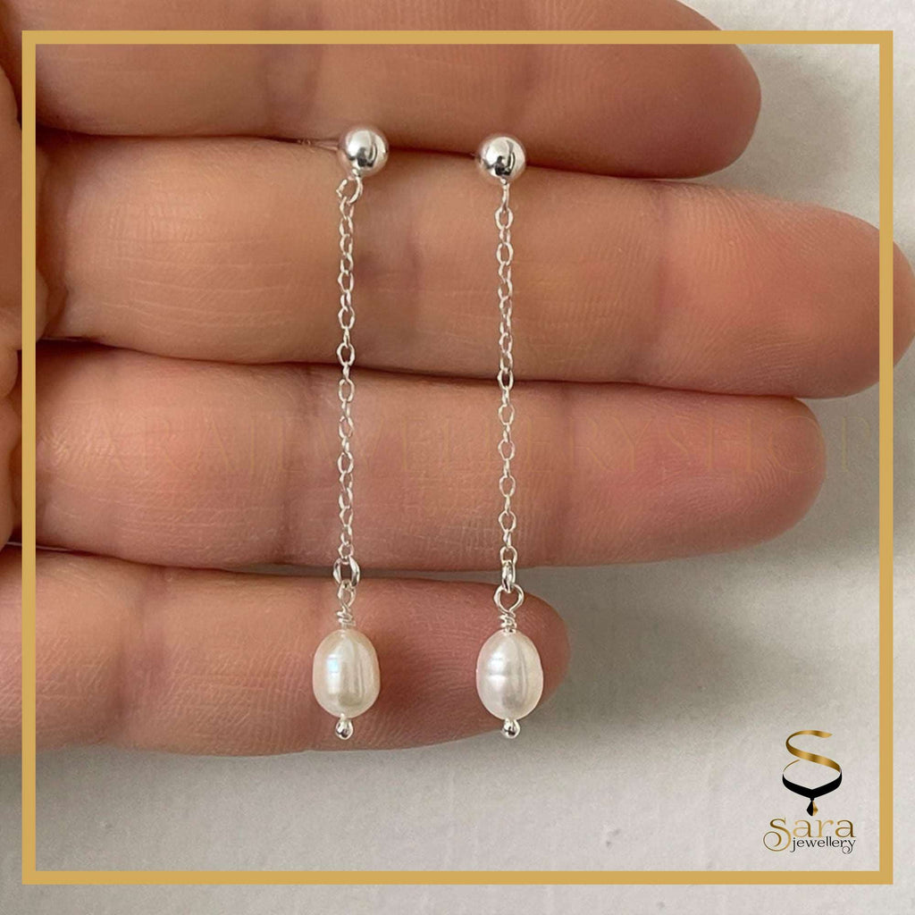 925 Sterling Silver Freshwater Pearl| Drop Earrings Dangling Long Chain Earrings