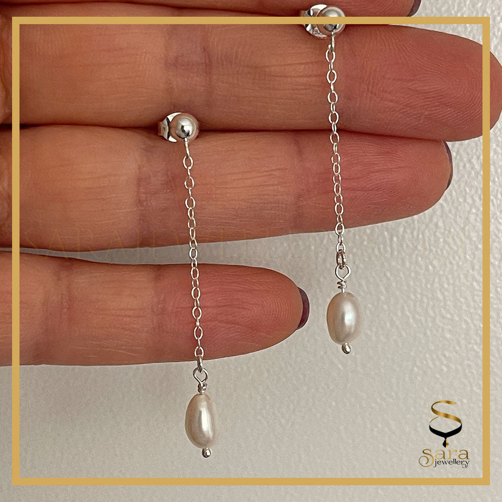 925 Sterling Silver Freshwater Pearl| Drop Earrings Dangling Long Chain Earrings