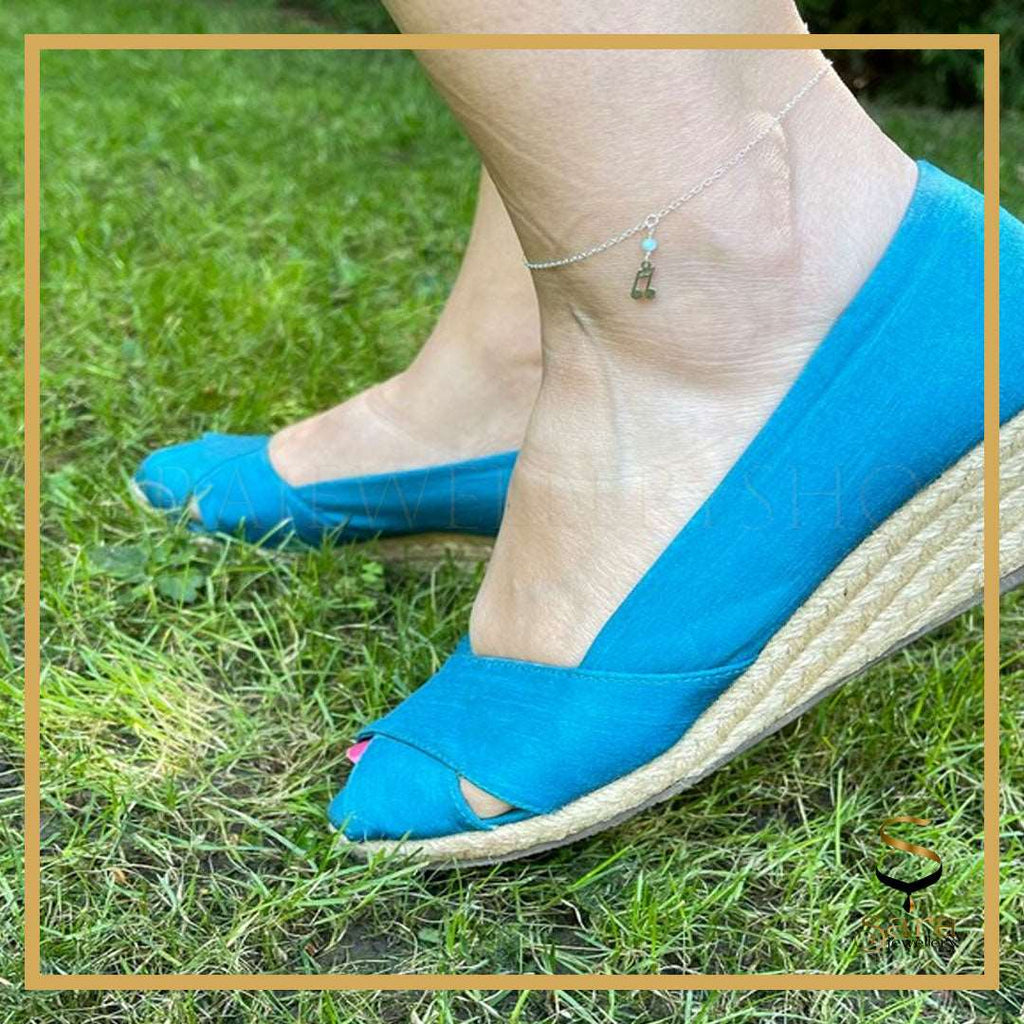 925 Sterling silver anklet  with small faceted Amazonite | Musical ankle cable chain  7 to 12 inches