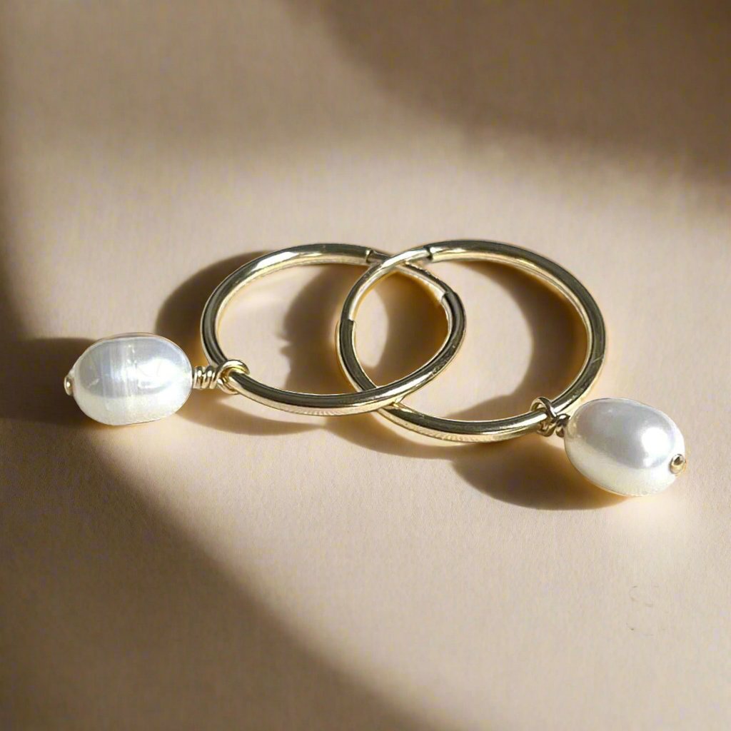 14k Gold  Filled Dainty Hoop Earrings With Freshwater Pearls